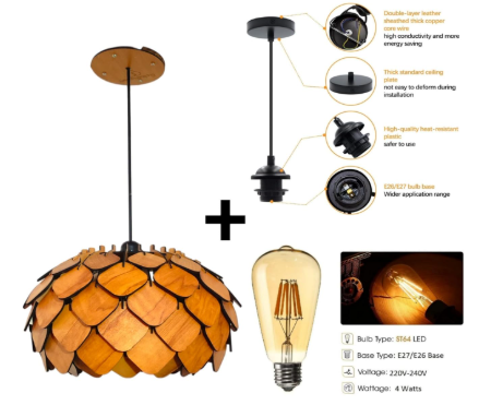 Wood Pendant lamp, Wooden Ceiling lamp, Wooden Hanging lamp handicrafted Home decore Chandelier Light