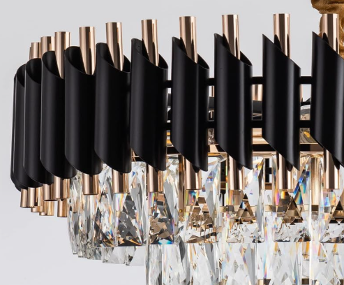 Modern Crystal Pendant Light Black and Gold Fixtures Round, Stainless Steel Tube Crystal Golden Finish Exqusite Design Pendant for Home and Office