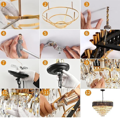 Modern Crystal Pendant Light Black and Gold Fixtures Round, Stainless Steel Tube Crystal Golden Finish Exqusite Design Pendant for Home and Office