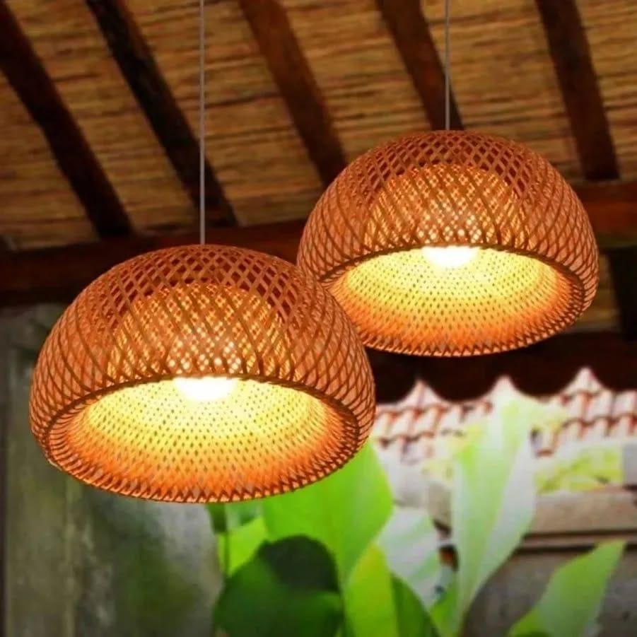 Double-Layer Woven Bamboo Pendant Light Lampshade Open Rattan Hollow Retro Decoration Pendant Lighting Natural Woven Hanging Lamp with Adjustable Cord