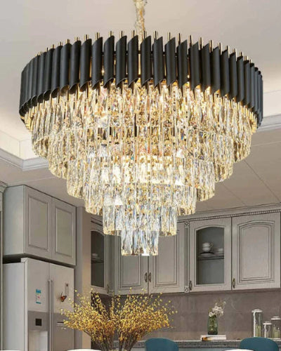 Modern Crystal Pendant Light Black and Gold Fixtures Round, Stainless Steel Tube Crystal Golden Finish Exqusite Design Pendant for Home and Office