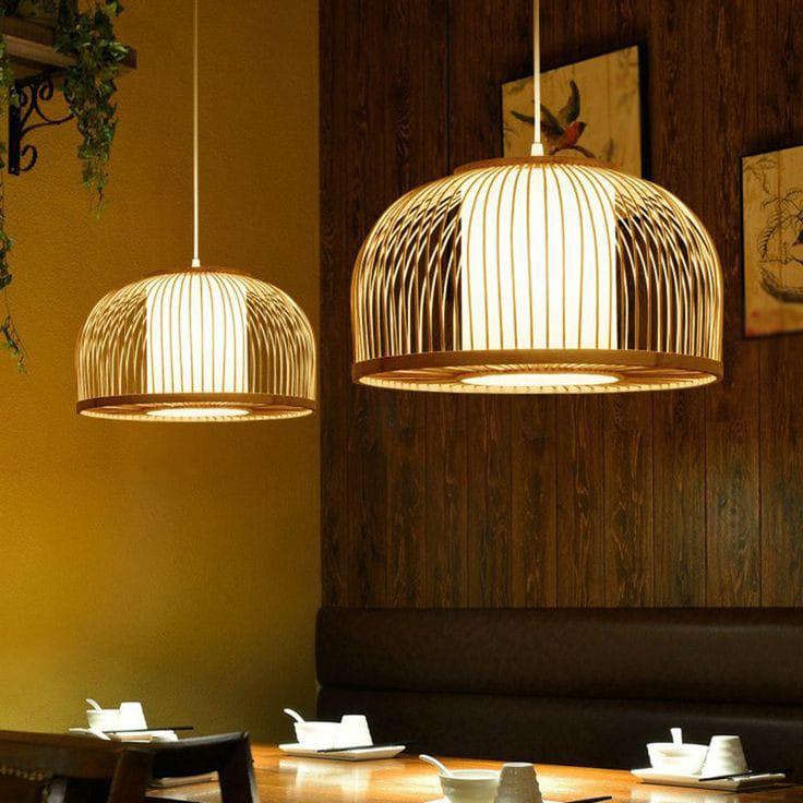 Bamboo Half Moon Chandelier Ceiling Fixture Decor Pastoral Bamboo Pendant Shade Natural Material Bamboo Lantern Woven Light Bamboo Island Hanging Light Canopy Lamps Bamboo Round Lampshade