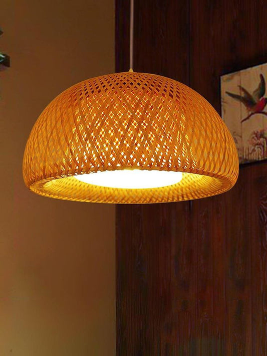 Double-Layer Woven Bamboo Pendant Light Lampshade Open Rattan Hollow Retro Decoration Pendant Lighting Natural Woven Hanging Lamp with Adjustable Cord